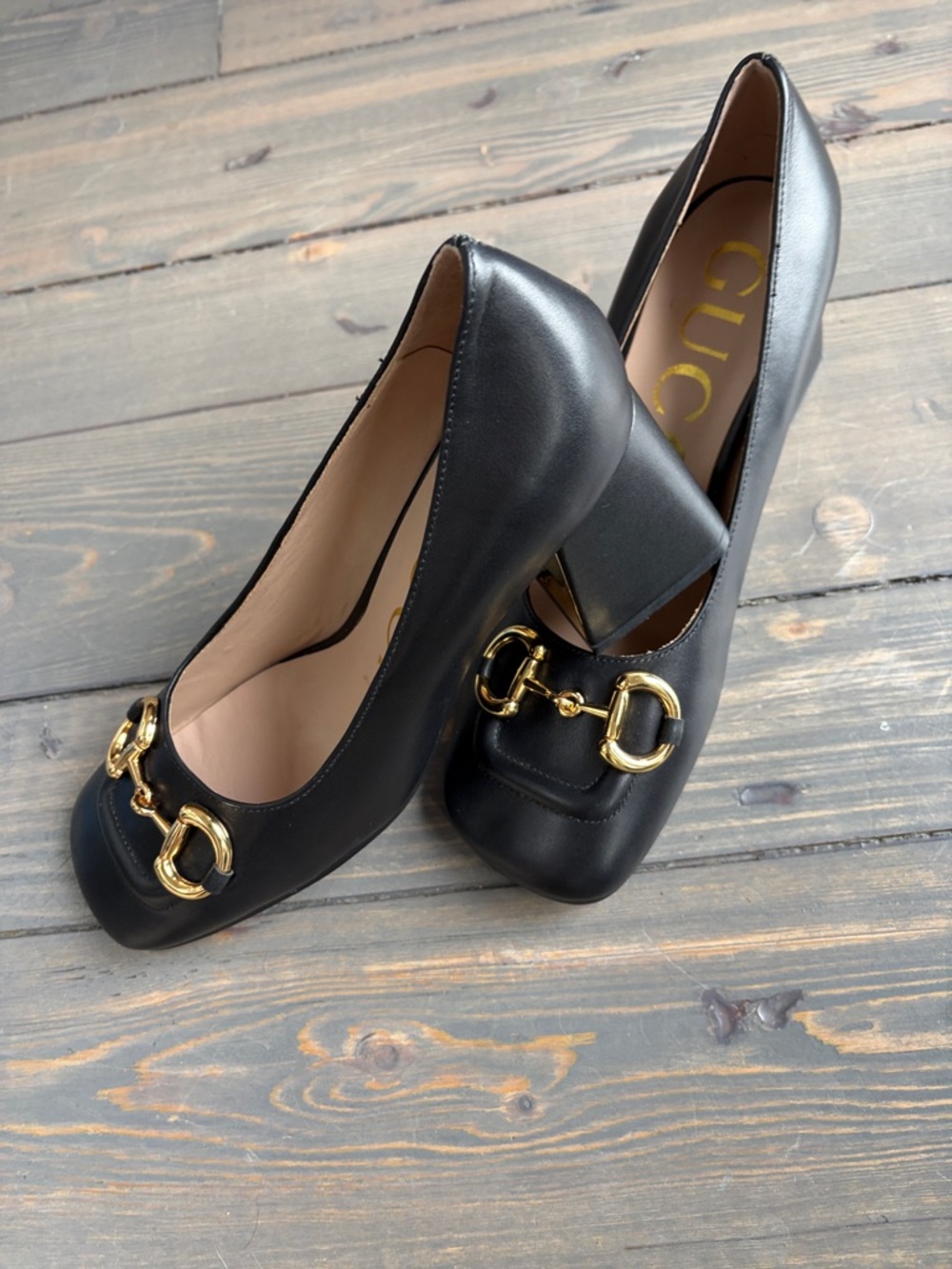 Gucci Black Leather Square-Toe Pumps with Gold Horsebit - Picture 2 of 4